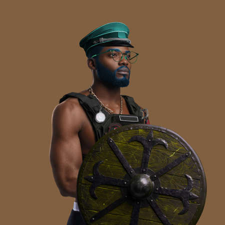 Bizarre man of african ethnic dressed in military clothing