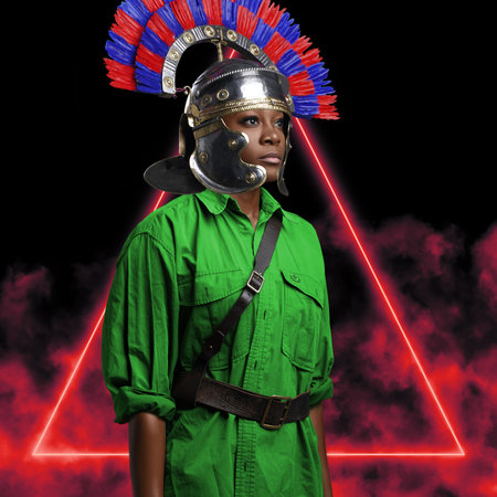 Black woman with colorful plumed helmet dressed in green suit