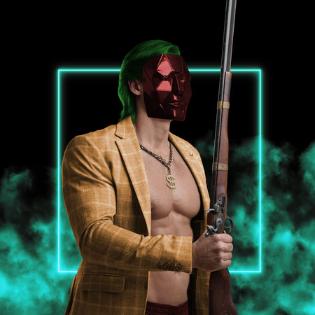 Muscular guy with old rifle against colorful background