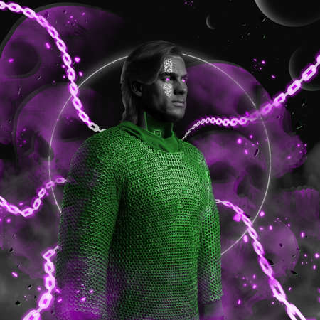 Cyberpunk guy dressed in green chain armor against pink background with skulls.