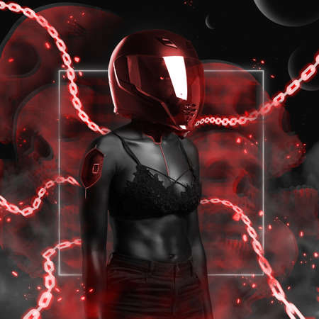 Portrait of woman of african ethnic with nude body in cyberpunk style against red background.