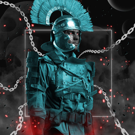 Futuristic man dressed in blue armor and plumed helmetの写真素材