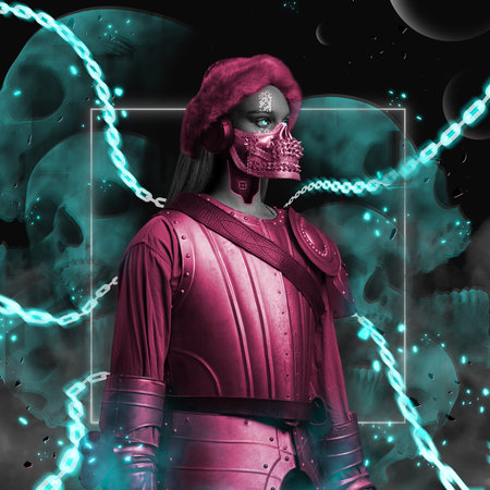 Stylish woman dressed in pink fur hat and cuirassの写真素材