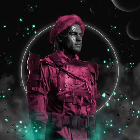 Futuristic man dressed in pink armor and fur hat