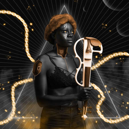 Naked african woman with orange fur hat and violinの写真素材