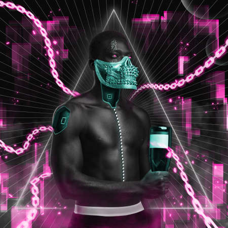 Shirtless african man with bottle of champagne in cyberpunk style