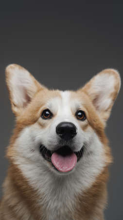 Pedigreed happy corgi doggy smiling against gray backgroundの写真素材
