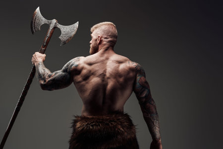 Authentic scandinavian fighter with tattooed and muscular bodyの写真素材