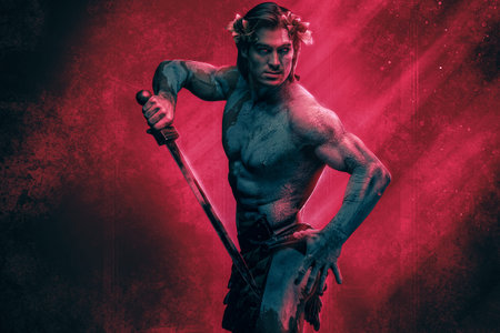 Greek marble warrior with sword posing against red background