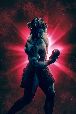Shirtless marble man with wreath and dumbbell lifting dumbbellの写真素材