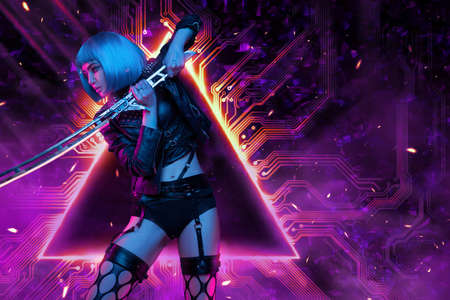 Stylish woman with sword in fight pose against abstract backgroundの写真素材