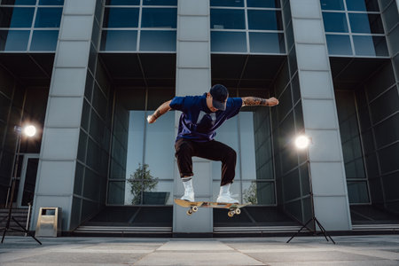 Cool skater showing some tricks jumping on his skateboardの写真素材