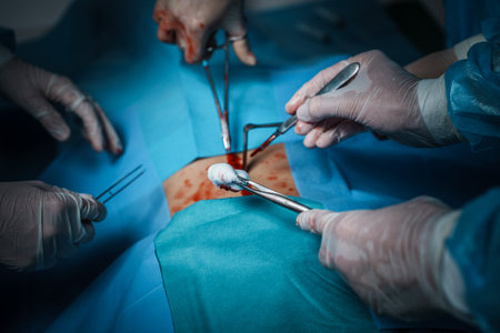 Three surgeons treating injured patient in operating roomの写真素材
