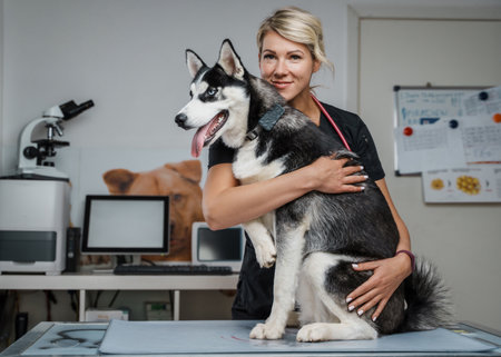 Joyful woman embracing cute husky dog in veterinary clinicの写真素材