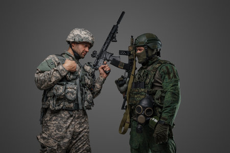 soldier against gray backgroundの写真素材