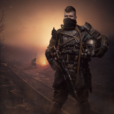 Military survivor with mask and shotgun on abandoned railway