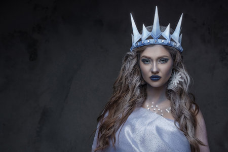 Ice maiden with crown and cloak against dark backgroundの写真素材