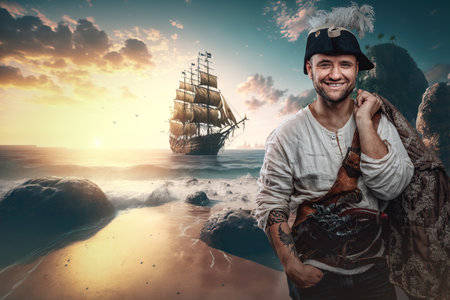 Smiling corsair with pirate hat on coast of islandの写真素材