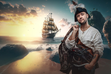 Stylish corsair with pirate hat on coast of islandの写真素材