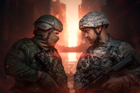 Confrontation and battle of two soldiers in burning cityの写真素材