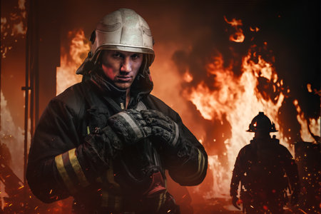 Dangerous profession of brave firefighter in burning buildingの写真素材