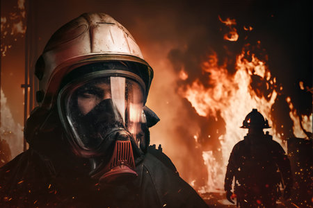Two firemen working together putting out fire in burning buildingの写真素材