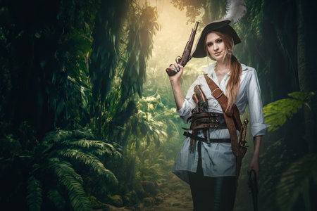 Female pirate with cocked hat and handguns on islandの写真素材