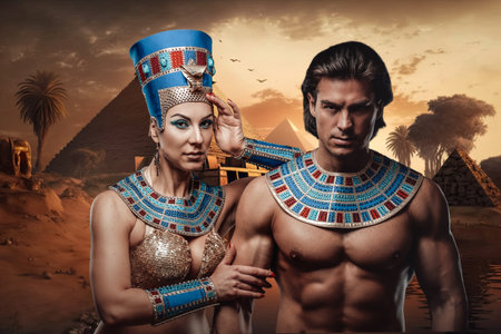 Strong egyptian man and glamor female pharaoh in egyptの写真素材
