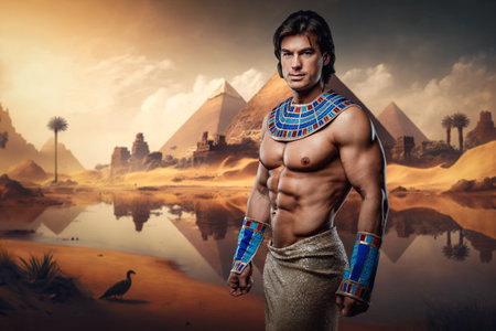 Naked egyptian man with muscular build in desertの写真素材