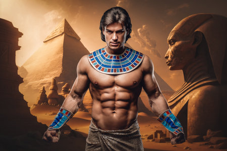 Strong egyptian man with naked torso in ancient city