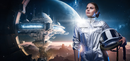 Attractive female cosmonaut against space station and planetの写真素材