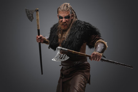 Attacking viking with dual axes against gray backgroundの写真素材