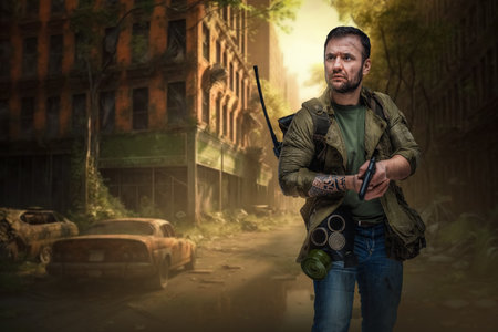 Brave man with gun in ruined post apocalyptic city