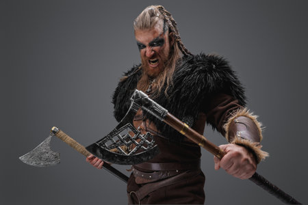 Mad medieval viking with black fur against grey backgroundの写真素材