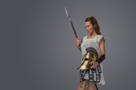 Female warrior from ancient greece with long spearの写真素材