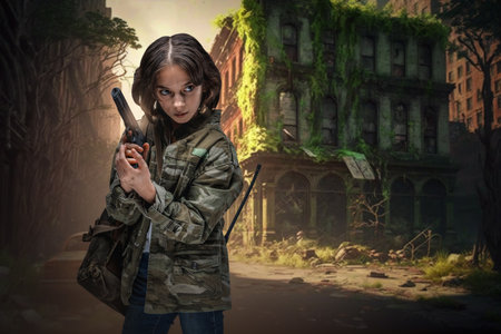 Post apocalyptic little girl surviving in abandoned cityの写真素材