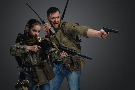 Violent man and girl survivors against grey background