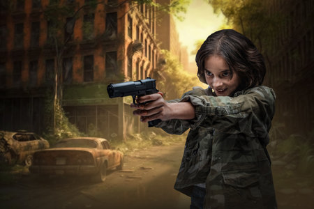 Post apocalyptic little girl surviving in abandoned city