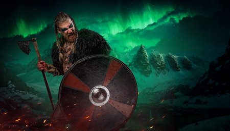 Viking warrior with shield and axe against northern lightsの写真素材