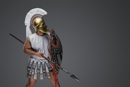 Greek warrior from past with javelin and rounded shieldの写真素材