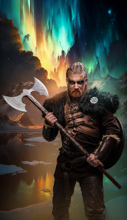 Barbaric viking with fur and huge axe against shineの写真素材