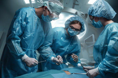 Cooperation of three two female and one male surgeonsの写真素材