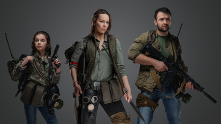 Post apocalyptic woman with rifle against little girl and man
