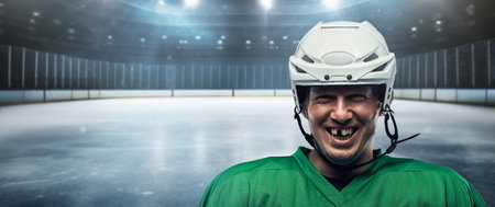 Joyful hockey player looking at camera against stadiumの写真素材