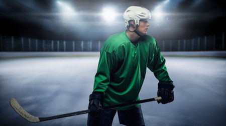 Hockey player looking to side against dark stadiumの写真素材