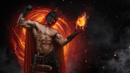 Evil sorcerer of dark cult posing against fire portal