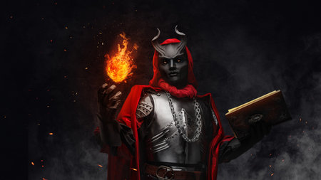 Wizard from dark cult with fireball against dark background