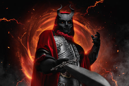 Dark wizard of esoteric cult against fire portal