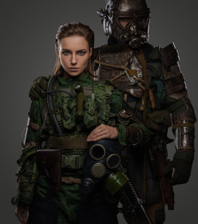 Couple of post apolyptic survivors against grey background