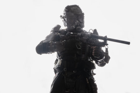 Apocalyptic survivor soldier aiming rifle dressed in military uniform